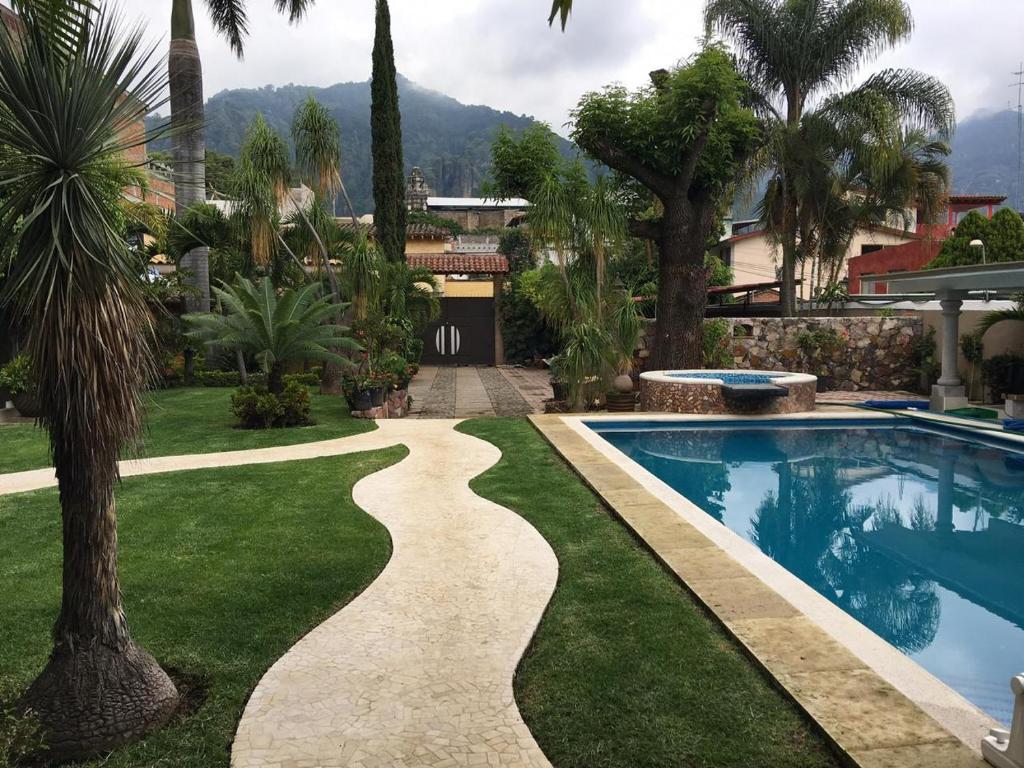 迪坡斯特兰Hotel Concierge Flor y Canto的一个带游泳池和棕榈树的后院