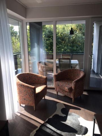 基什孔豪洛什Thermal Forest Apartment的客厅设有两把椅子和大窗户