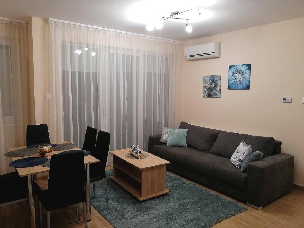 塞格德Olga Apartman的客厅配有沙发和桌子