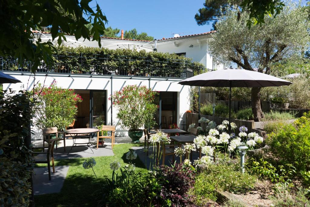 卡普费雷Ferret Vigne - Villa Chambres d'Hôtes的一个带桌子和遮阳伞的花园