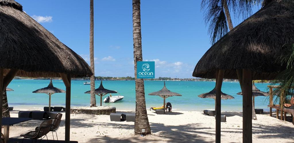 格兰贝伊Ocean Villas Hotel的一片带一些草伞和海洋的海滩