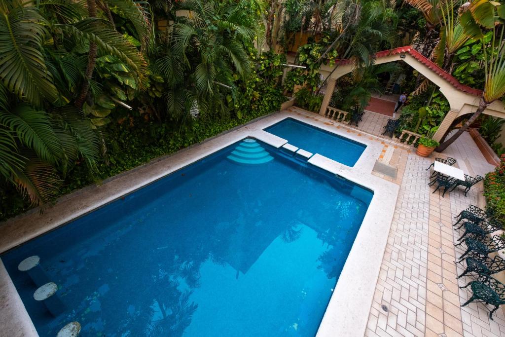 拉萨罗卡德纳斯Hotel Sol del Pacifico的享有棕榈树游泳池的顶部景致
