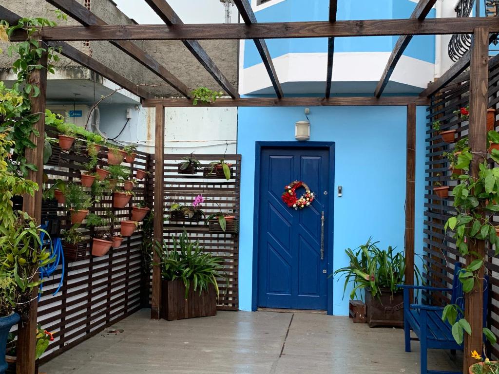 弗洛里亚诺波利斯Recanto da Sol的种植盆栽植物的温室里的一个蓝色门