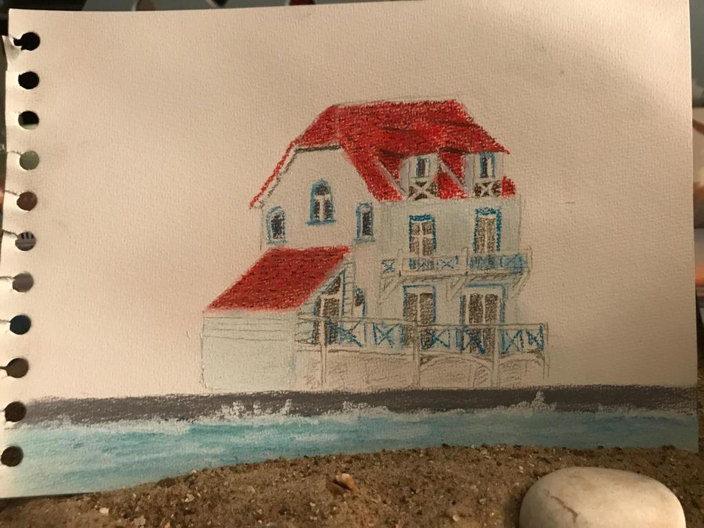 维姆勒Villa Trémail - La plage au pied de votre chambre的红色屋顶的白色房子图画