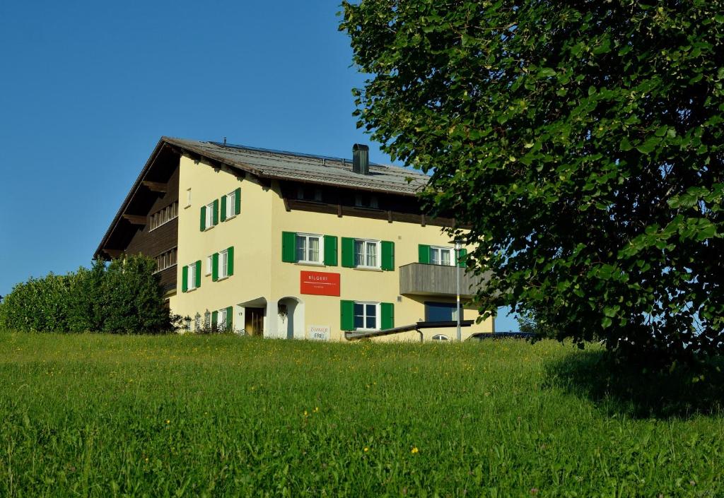 苏尔茨贝格Frühstückspension Bilgeri的一座带草地的山丘上的建筑