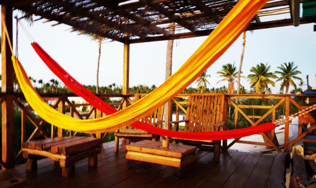 蓬塔卡纳Private Rooms-Art Punta Cana的棕榈树和椅子甲板上的吊床