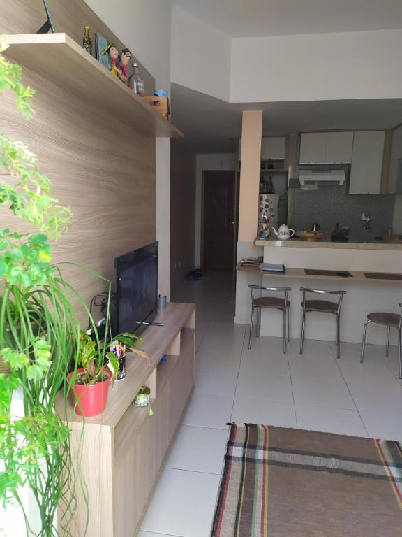 里约热内卢Quarto e Sala completo的带电视的客厅和厨房
