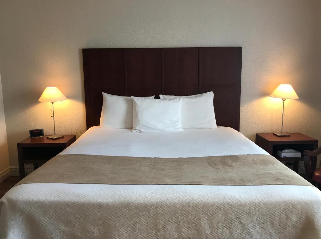 七岛市Hôtel Mingan的一张大床,位于酒店带两盏灯的房间