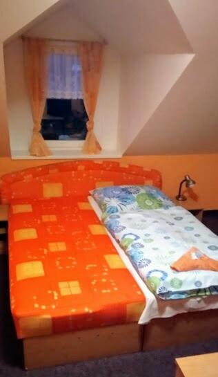 赫林斯科Penzion Zlata studna的窗户客房内的橙色床