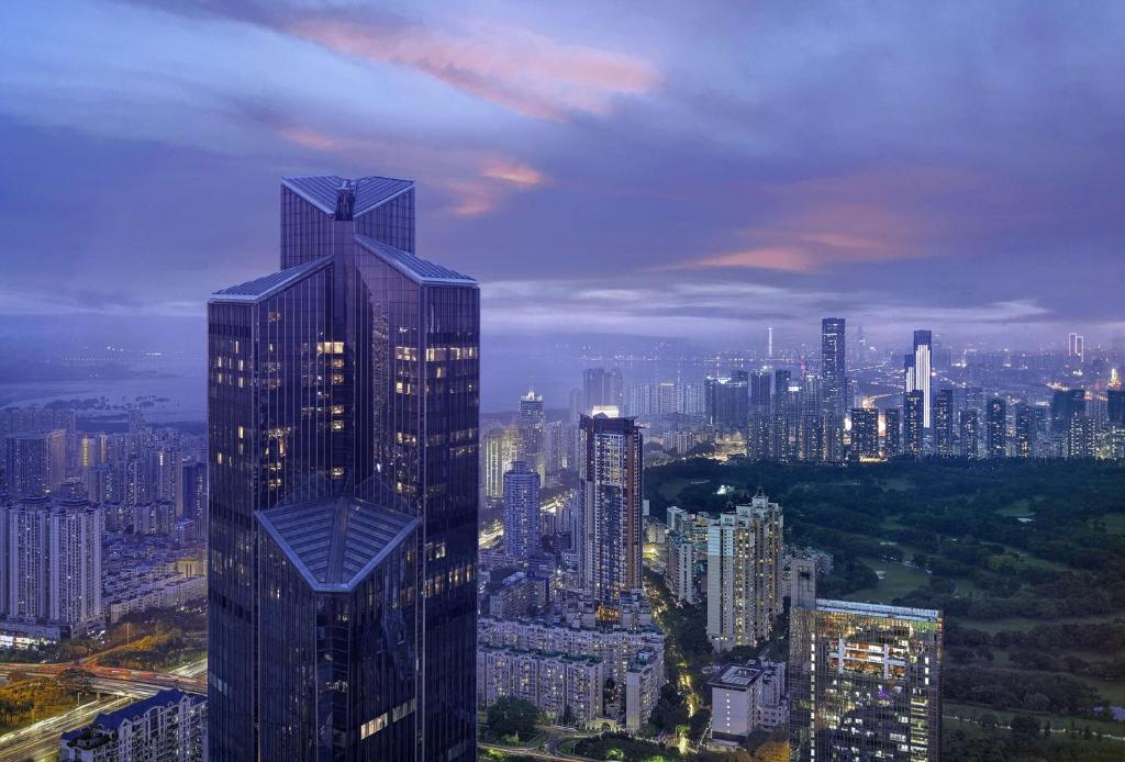 深圳深圳柏悦酒店的在一个大城市的高层摩天大楼