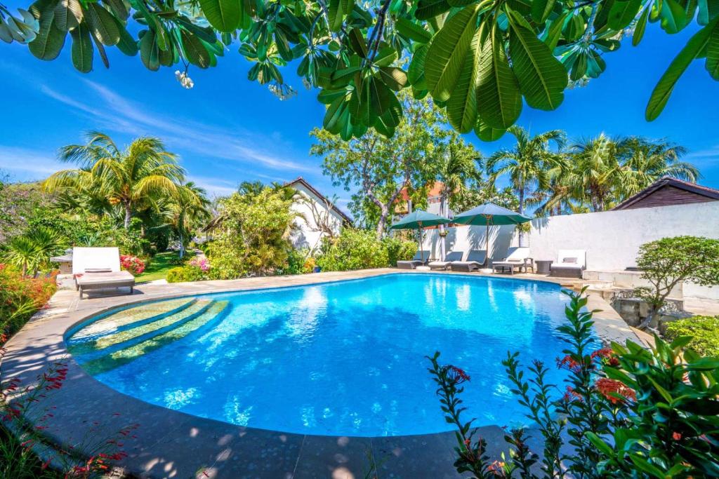 图兰奔海洋阳光潜水度假村的一座树木繁茂的房屋后院的游泳池