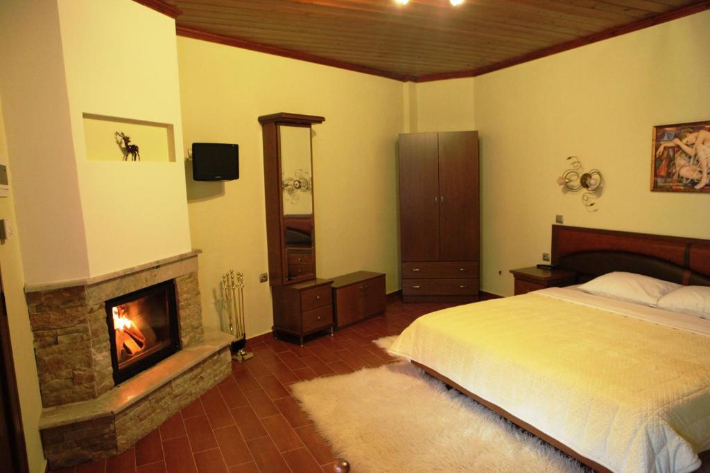 卡托劳塔翁艾克森纳斯普拉蒂亚公寓的一间卧室配有一张床和一个壁炉