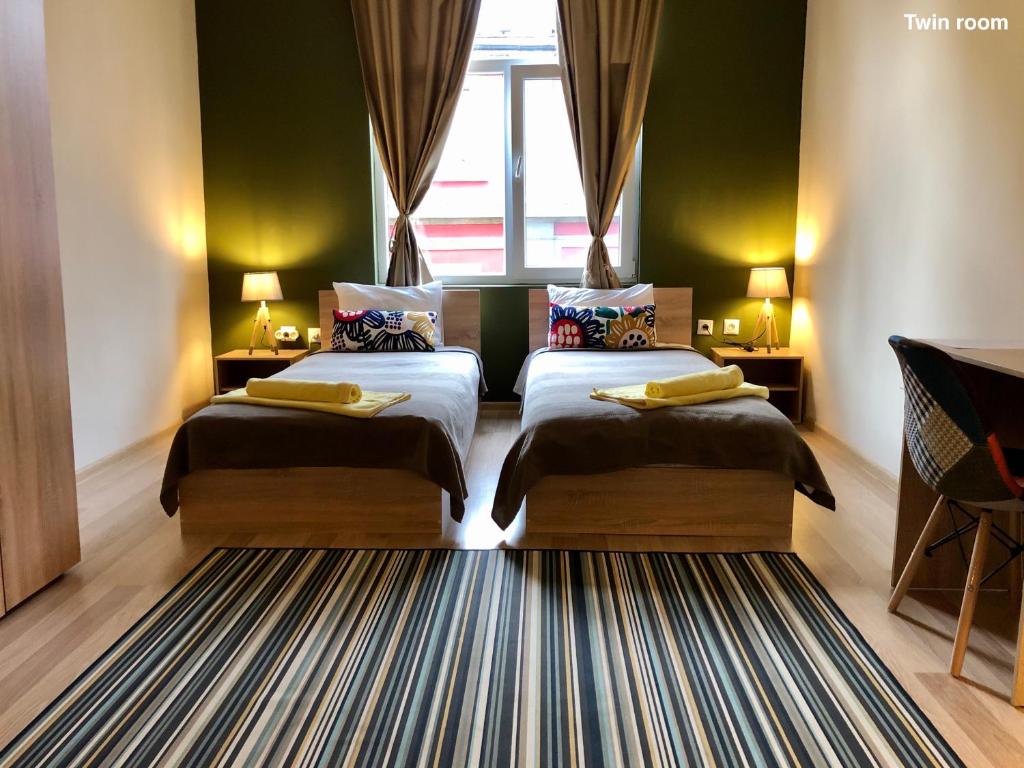 普罗夫迪夫SKYLER GUEST HOUSE的酒店客房设有两张床和窗户。