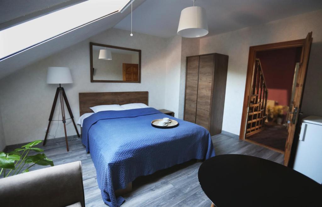 奈达帕斯加斯特酒店的一间卧室配有一张带蓝色毯子的床