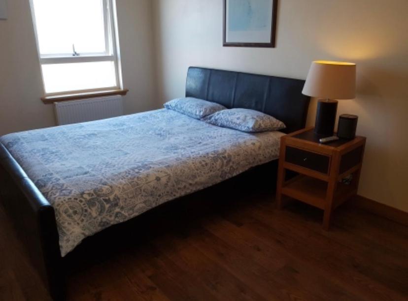 爱丁堡Beachview Apartment的一间卧室配有一张床和一个带灯的床头柜