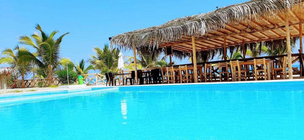 BocapánPalo Santo Beach club的一座带茅草屋顶的度假村的大型游泳池
