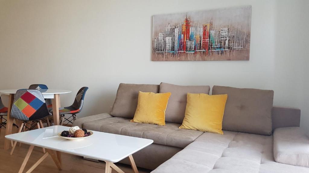 贝尔格莱德Belgrade Waterfront Comfortable Apartment的客厅配有沙发和桌子