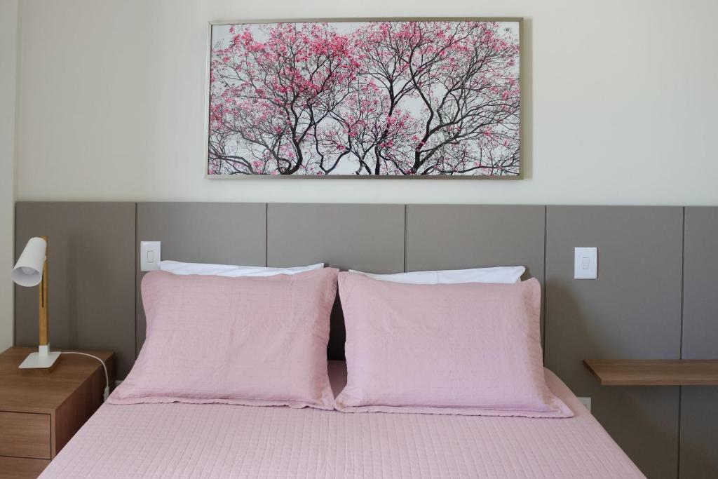 萨尔瓦多FANTÁSTICO APARTAMENTO NA BARRA的一张带粉红色枕头的床和上面的绘画