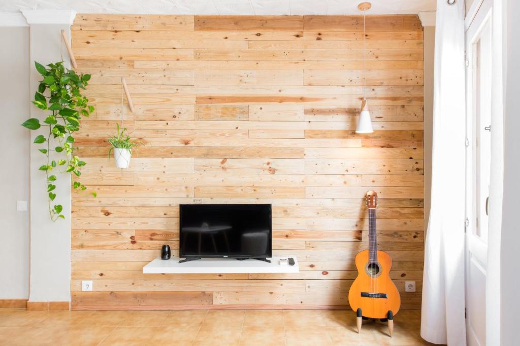 哈维亚CA´N TOSCA的一间带木墙、电视和吉他的房间