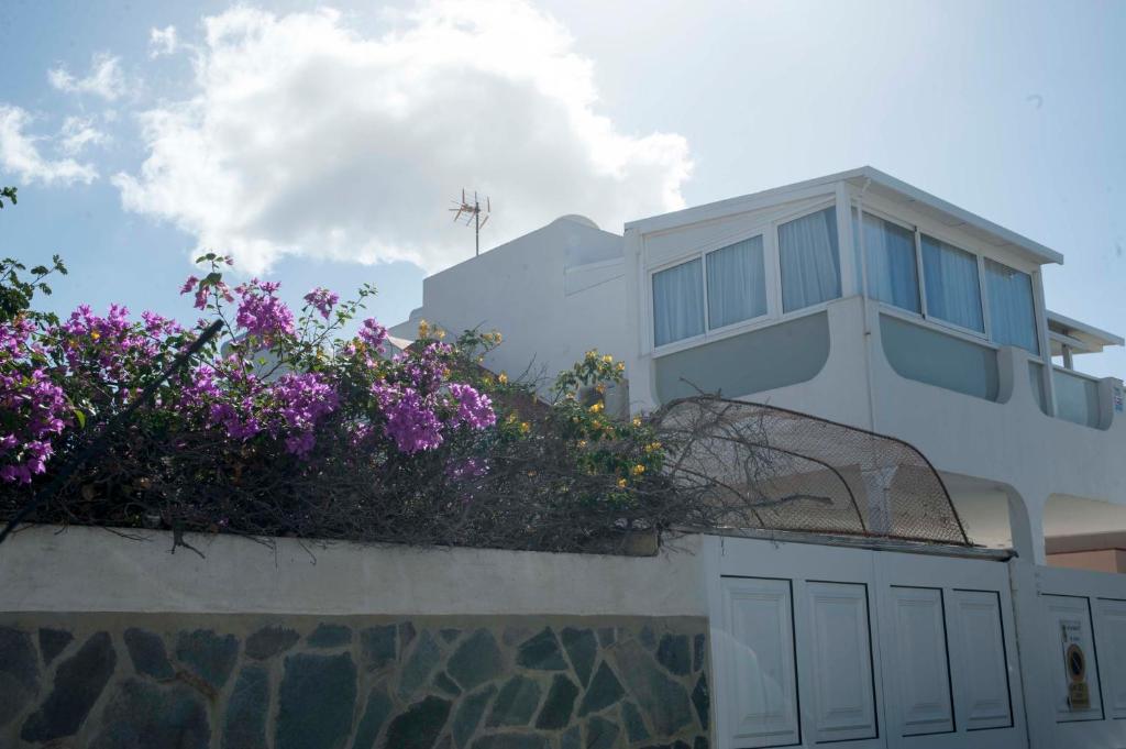 美洲海滩Playa de Las Americas Luxury Home的墙上有紫色花的白色房子