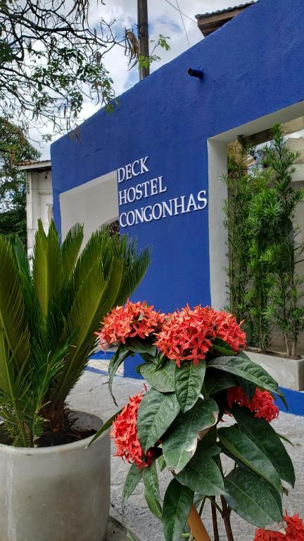 圣保罗Deck Hostel Congonhas的前面有红花的医院的标志