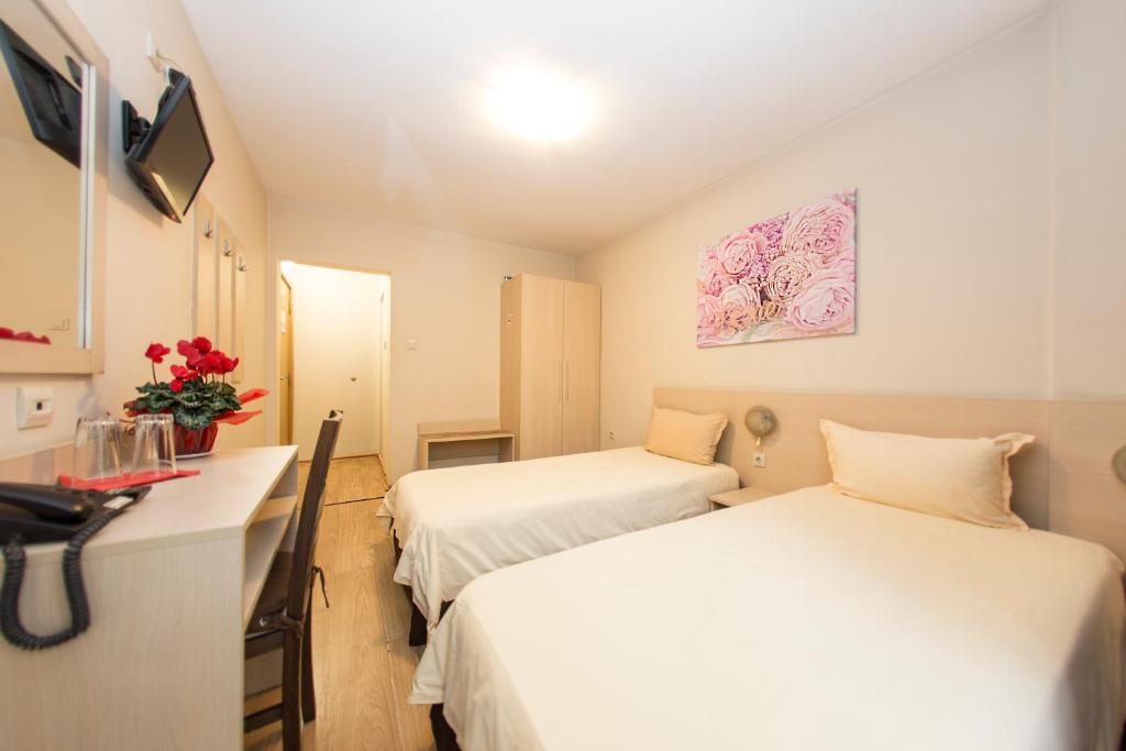 索非亚Family Hotel Madrid的客房设有两张床和一张带电脑的书桌