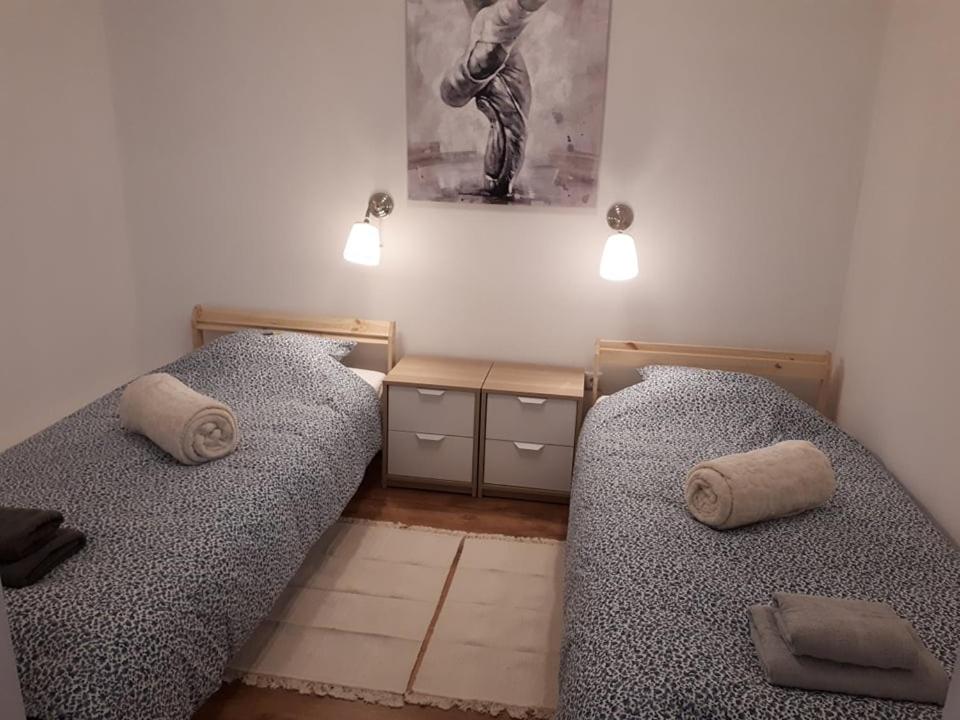 斯拉沃尼亚布罗德Apartman ANA的两张睡床彼此相邻,位于一个房间里