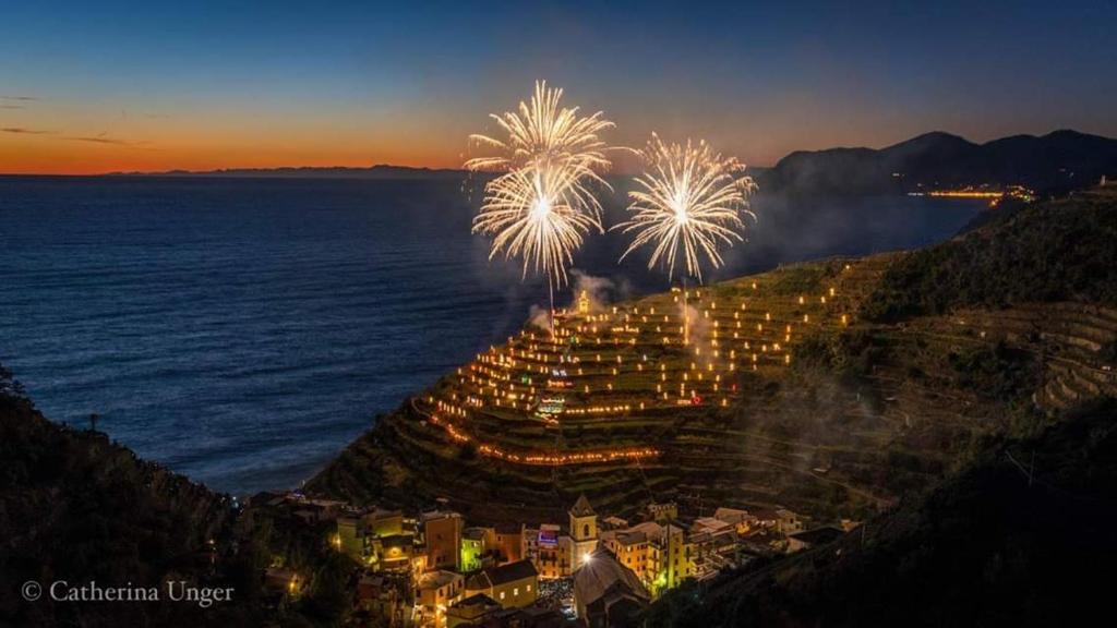 马纳罗拉Posidonia Cinque Terre Guesthouse的水边山丘上的烟花展示