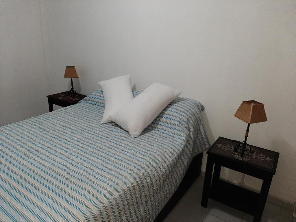 福尔摩沙TODO EL CENTRO A TUS PIES的一间卧室配有一张带两个枕头的床
