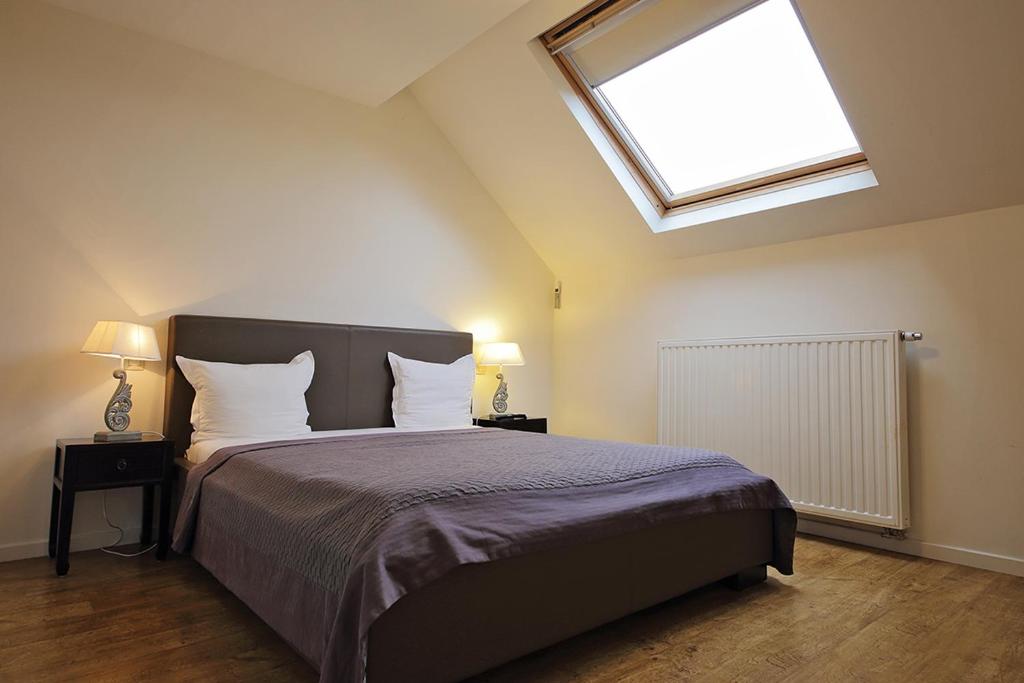 布鲁塞尔乐莱斯多住宿加早餐酒店的一间卧室配有一张带天窗的大床