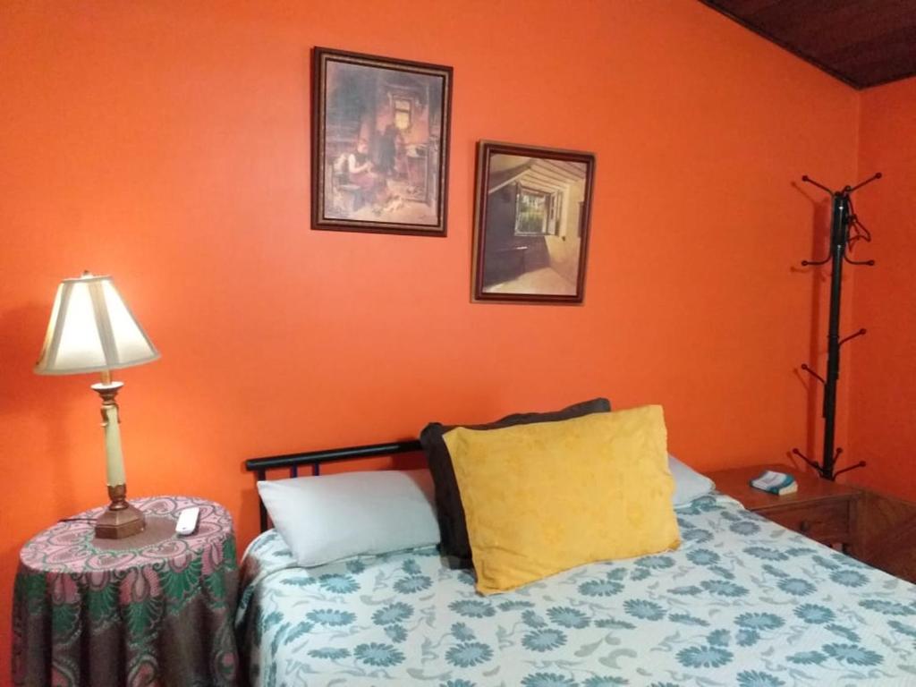 波哥大卡萨波萨达阿梅利亚酒店的一间卧室设有橙色的墙壁和一张带灯的床