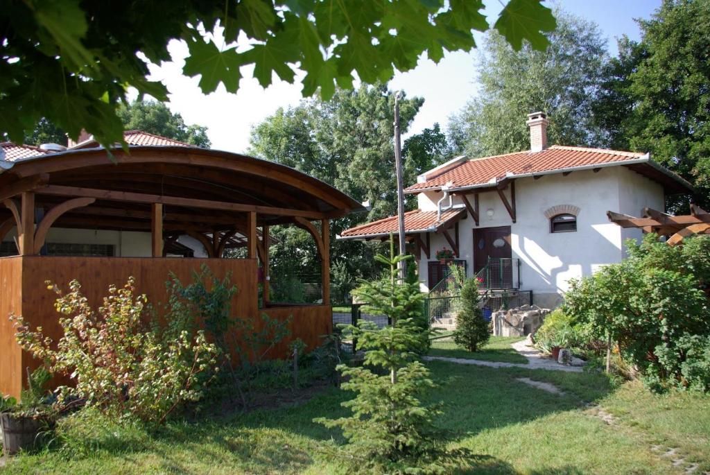 DabasDabasi Lovas Vendégház的庭院中带凉亭的房子