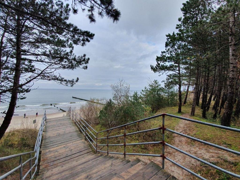 尤斯托尼莫斯基DWIE SOSNY-Apartament Morski Kryształ - 365PAM的一条木板路通往树木繁茂的海滩