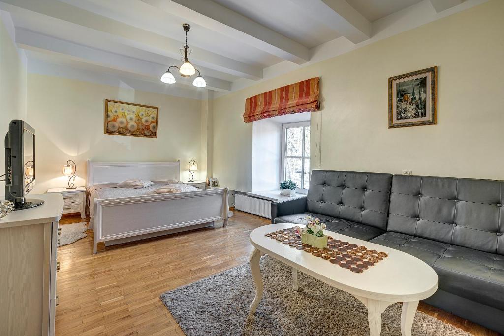 维尔纽斯Vidos apartamentai 2的客厅配有沙发和1张床