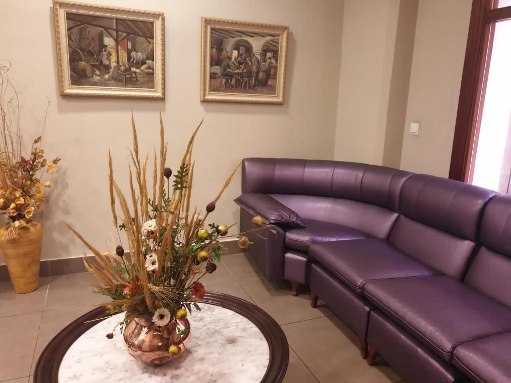 格拉纳达雪花酒店的客厅配有紫色沙发和桌子