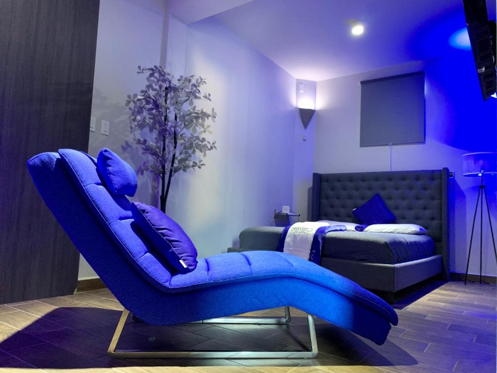 阿瓜迪亚Modern Suite #1 Pasavento的一间设有蓝色躺椅和一张床的客房