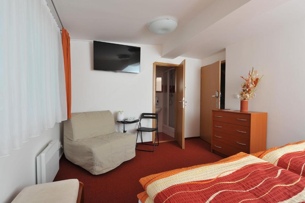 布拉格哈比塔特16号旅馆的一间卧室配有一张床、一把椅子和一张书桌