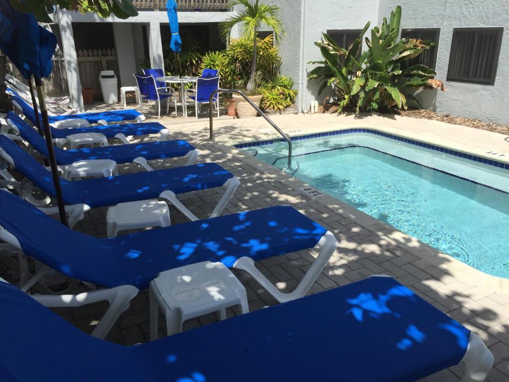 圣徒皮特海滩Sabal Palms Inn的一组蓝色的躺椅,位于游泳池旁