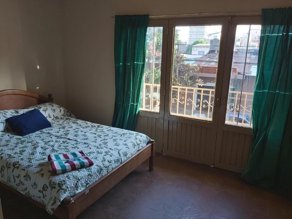 波萨达斯Habitaciones Villa Blosset的一间卧室设有床铺,阳台设有绿色窗帘