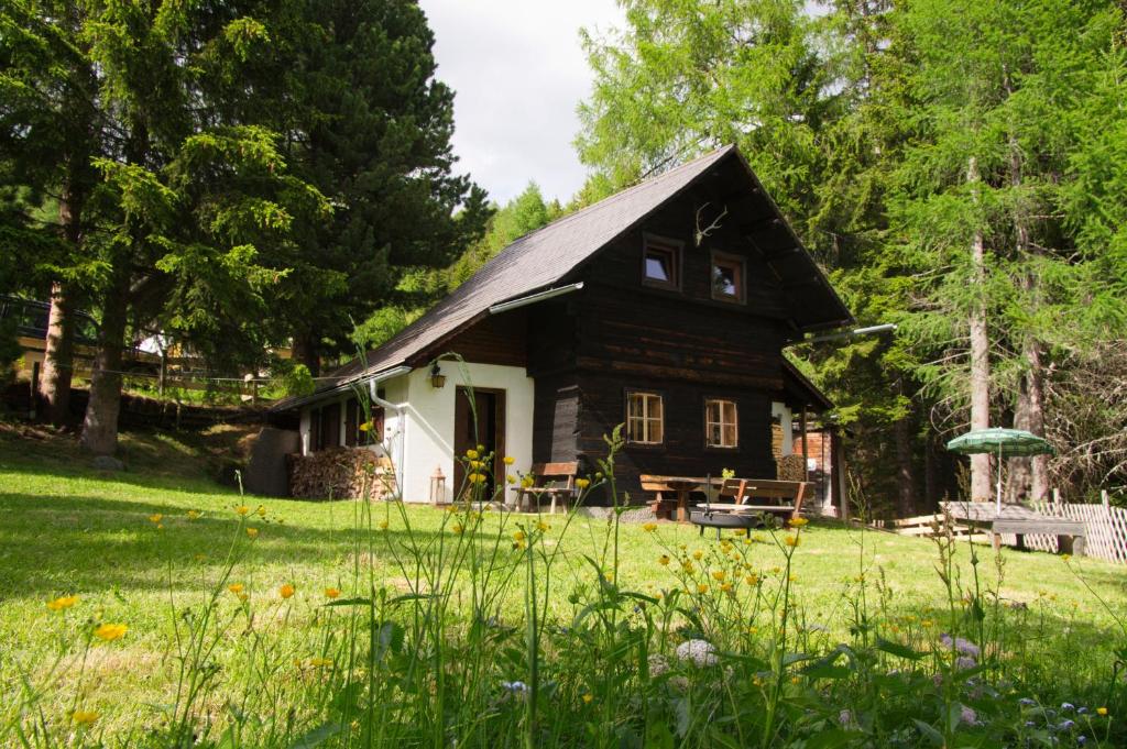 帕特加森Falkert-Hütte „Beim Almöhi"的庭院内带野餐桌的小木屋