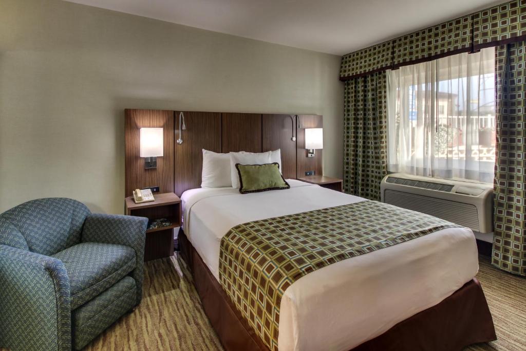蒙特雷蒙特雷史蒂文森汽车旅馆的配有一张床和一把椅子的酒店客房