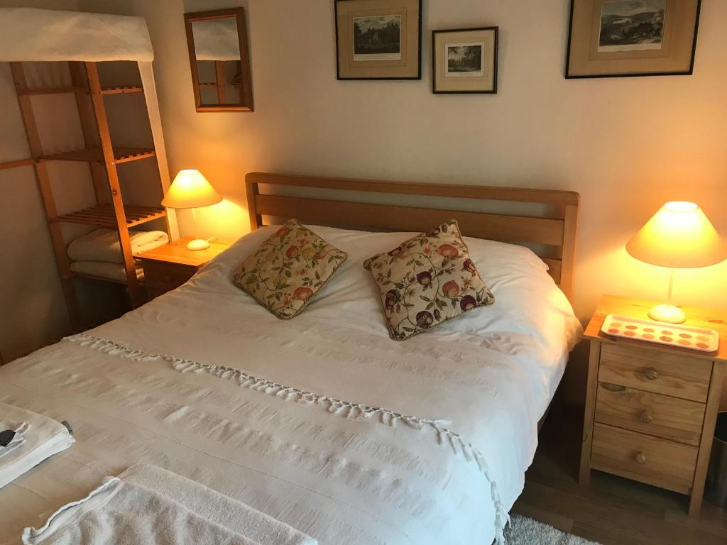Pen-pergwmThe Old Coach House的一间卧室配有一张带两个枕头和两个灯的床。