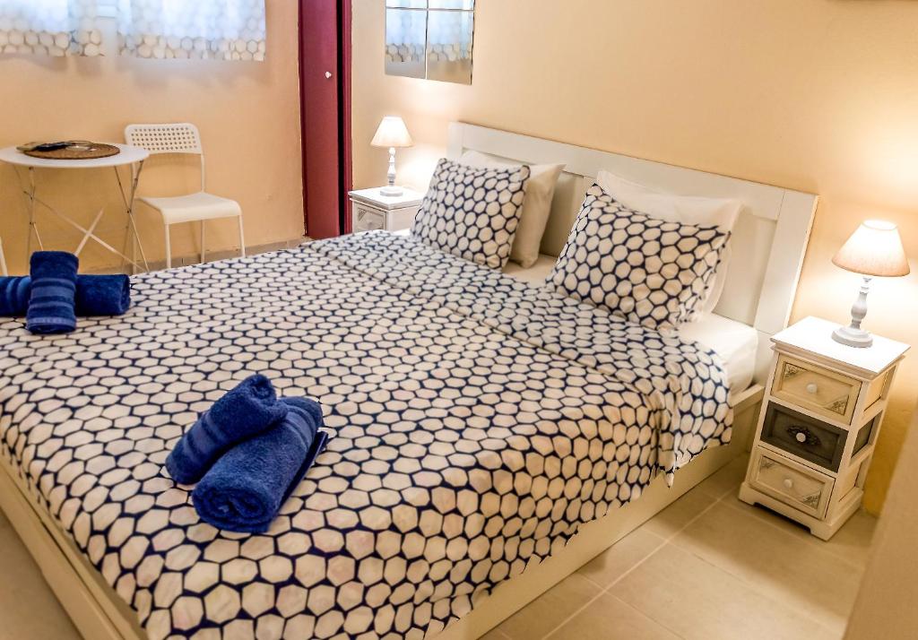 雅典佐伊公寓的一间卧室配有一张大床,上面有蓝色的毛巾