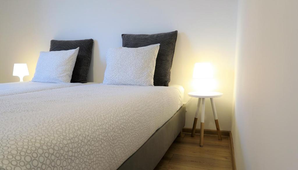 ŁaziskaApartamenty siostra i siostra的一间卧室配有一张带两个枕头和一张桌子的床。