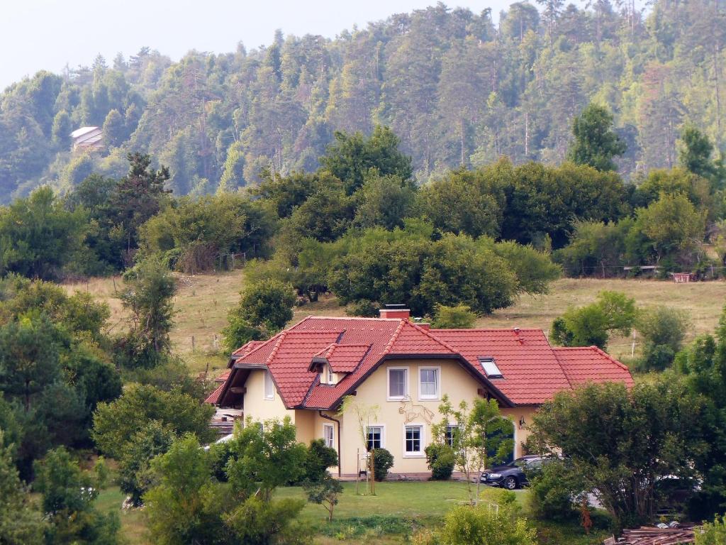 皮夫卡特瑞内住宿加早餐旅馆的山坡上一座红色屋顶的房子