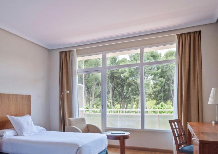 阿尔巴塞特斯考特而洛斯亚诺斯酒店的酒店客房设有一张床和一个大窗户