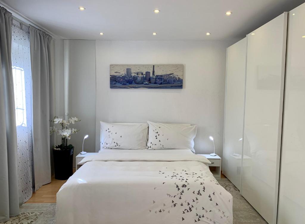 贝林佐拉Casa Nataliya, via tampori 8 6503 Bellinzona的白色的卧室设有一张大床和一个窗户