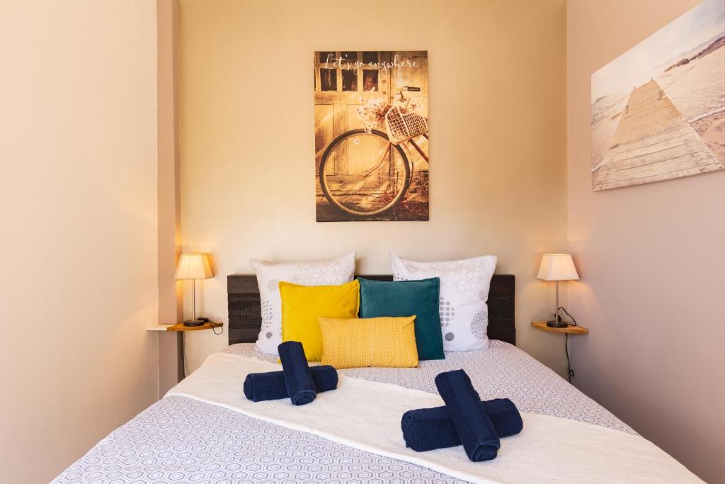 穆斯捷-圣玛丽Appartement de charme, spacieux, Moustiers #5的一间卧室配有一张带黄色和绿色枕头的床