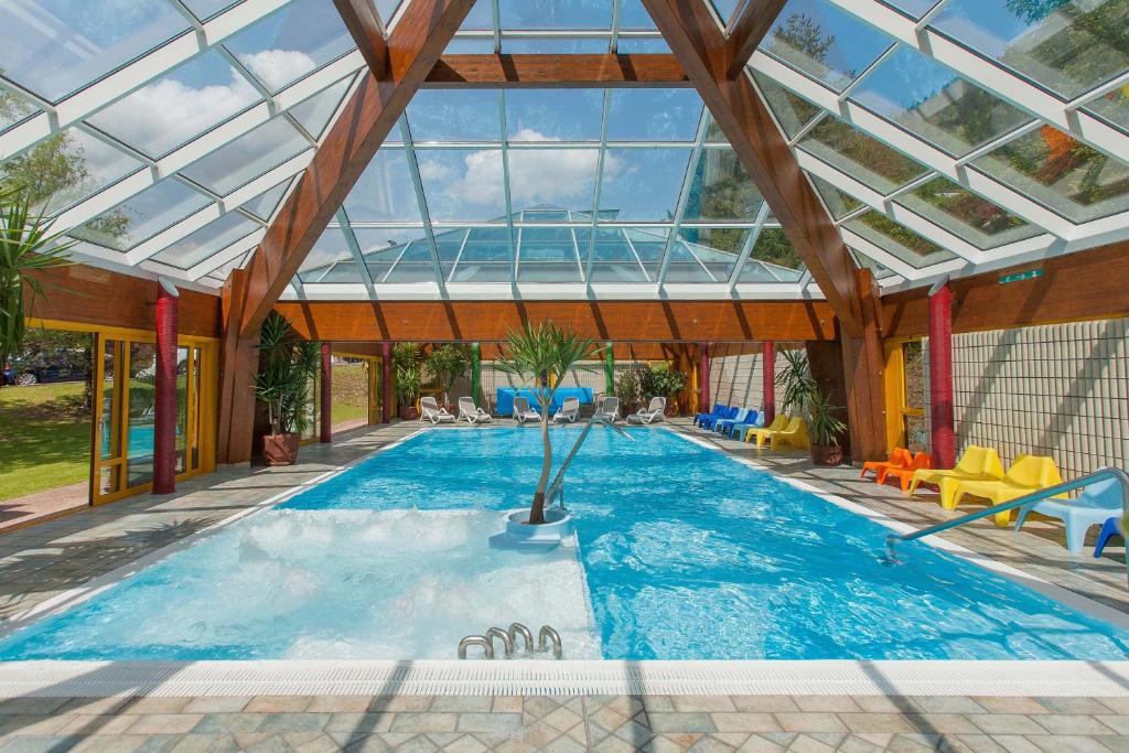 阿尔塔泰尔梅格兰德格塔尼酒店的一个带玻璃天花板的室内游泳池