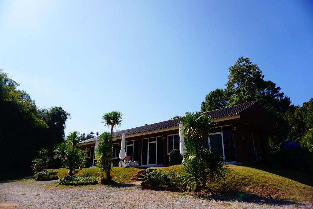 普鲁亚普鲁萨塔拉花园旅馆的前面有棕榈树的房子